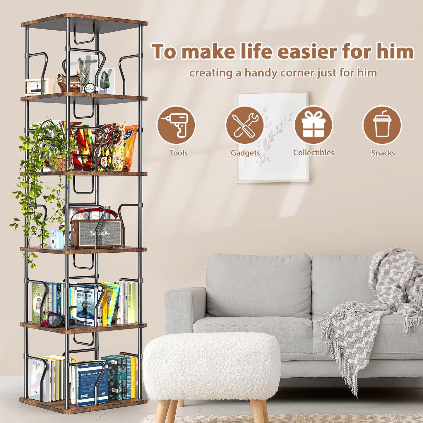 VYRIVA 5 Tier Square Rotating Bookshelf Tower, Spinning Bookshelf, 360° Display Round Bookcase, Floor Standing Corner Revolving Bookshelf Organizer Storage Rack for Home Study Office, Small Spaces