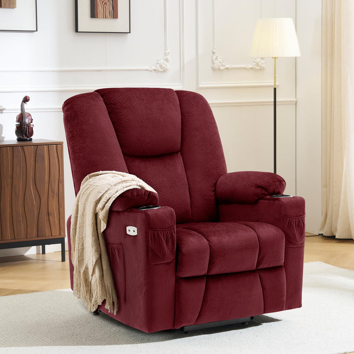 MCombo Power Lift Recliner Chair Sofa with Extended Footrest,3 Positions,Hand Remote Control,2 Cup Holders,USB Ports for Elderly People, 7507 (Fabric, Burgundy) MCombo