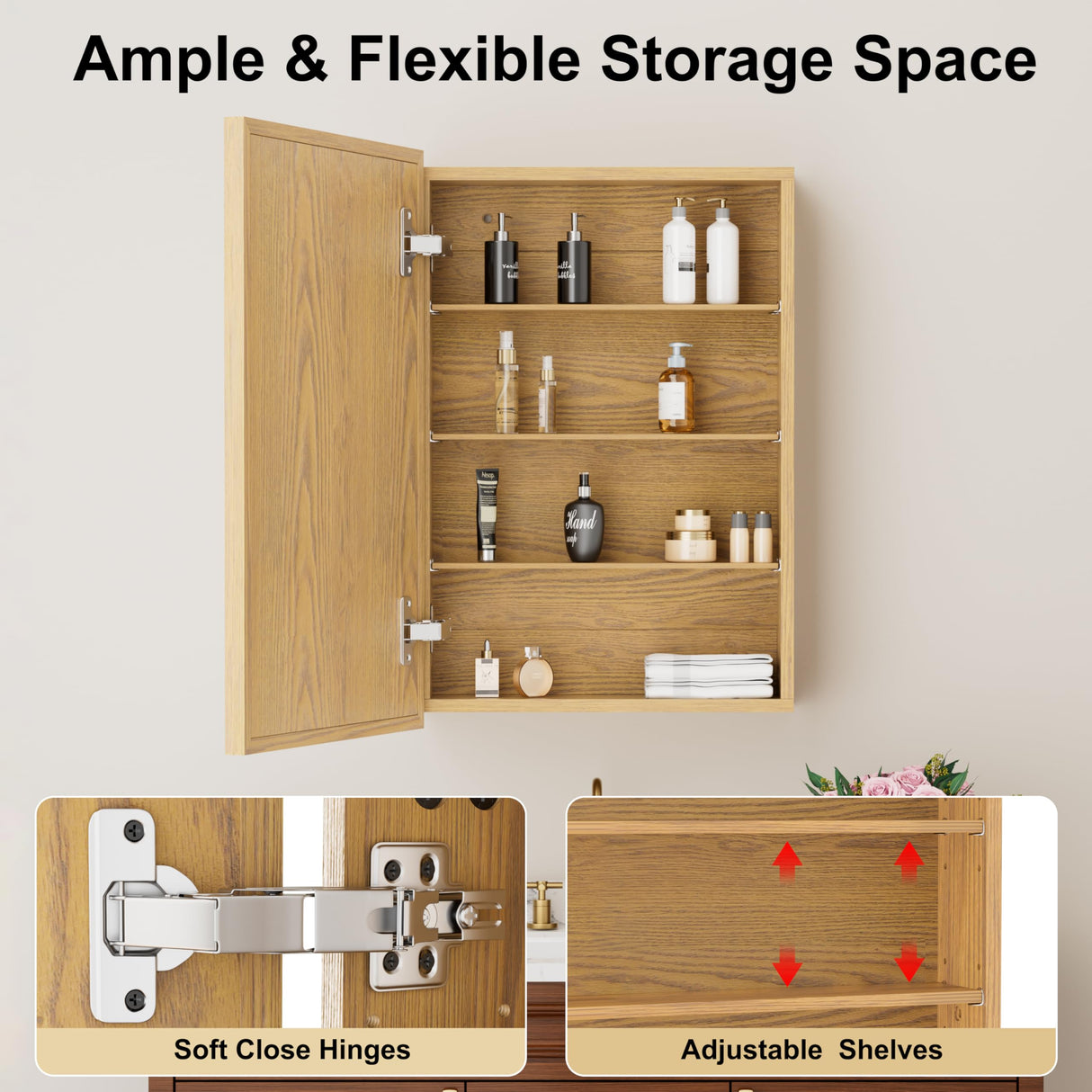 HBEZON 24x30 Inch Wooden Medicine Cabinet with Mirror, Surface or Recessed Mounted Bathroom Cabinets with Door, Adjustable Shelves, Soft-Close Hinge, Wall Storage, Oak Wood Frame HBEZON