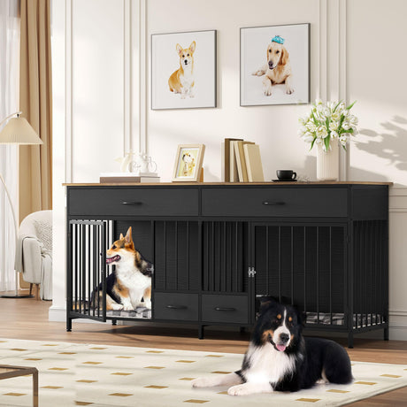 YITAHOME 74.8" Double Dog Crate Furniture with Dog Feeder, Heavy Duty Indoor Dog Kennel TV Stand with Drawers, Sturdy Dog Kennel with Divider for 2 Medium Large Dogs, Black YITAHOME