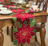 KEVA Holiday Christmas Table Runner 72 inches Long, Embroidered Red Velvet Poinsettia Cutwork Christmas Table Decorations for Home and Kitchen, Red Table Runner 13 Inch x 72Inch KEVA