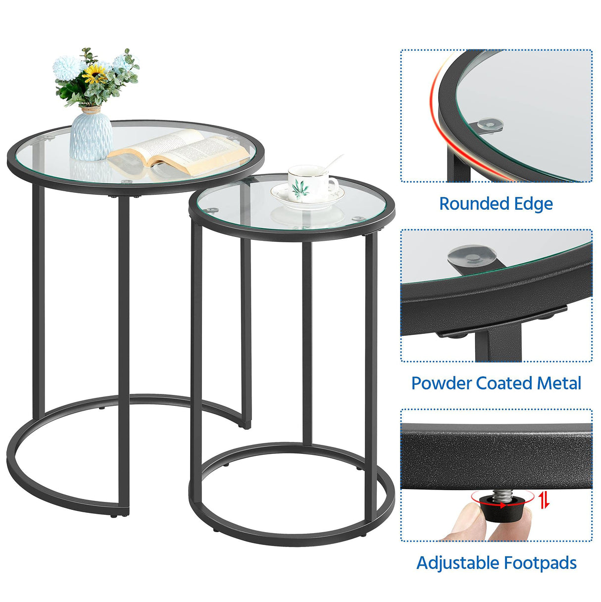 Yaheetech Round Nesting End Table Set of 2,Stacking Side Tables,Coffee Tables Set w/Metal Frame & Glass Top & Protective Foot Pads for Small Space, Living Room, Office- Black Yaheetech