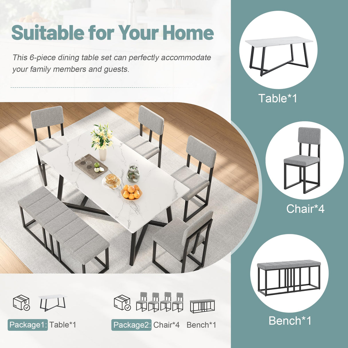 HUGROVE 6-Piece Dining Table Set, 51.18'' Faux Marble Rectangular Table with 4 Linen Upholstered Dining Chairs and Bench, Modern Kitchen & Dining Room Furniture for Family Gathering HUGROVE