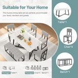 HUGROVE 6-Piece Dining Table Set, 51.18'' Faux Marble Rectangular Table with 4 Linen Upholstered Dining Chairs and Bench, Modern Kitchen & Dining Room Furniture for Family Gathering HUGROVE