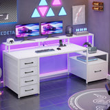 SEDETA White Computer Desk with 5 Drawer & Power Outlet, 66'' Home Office Desk with File Drawer, Storage Shelves, Printer Cabinet and Monitor Shelf, Gaming Desk with Led Lights SEDETA