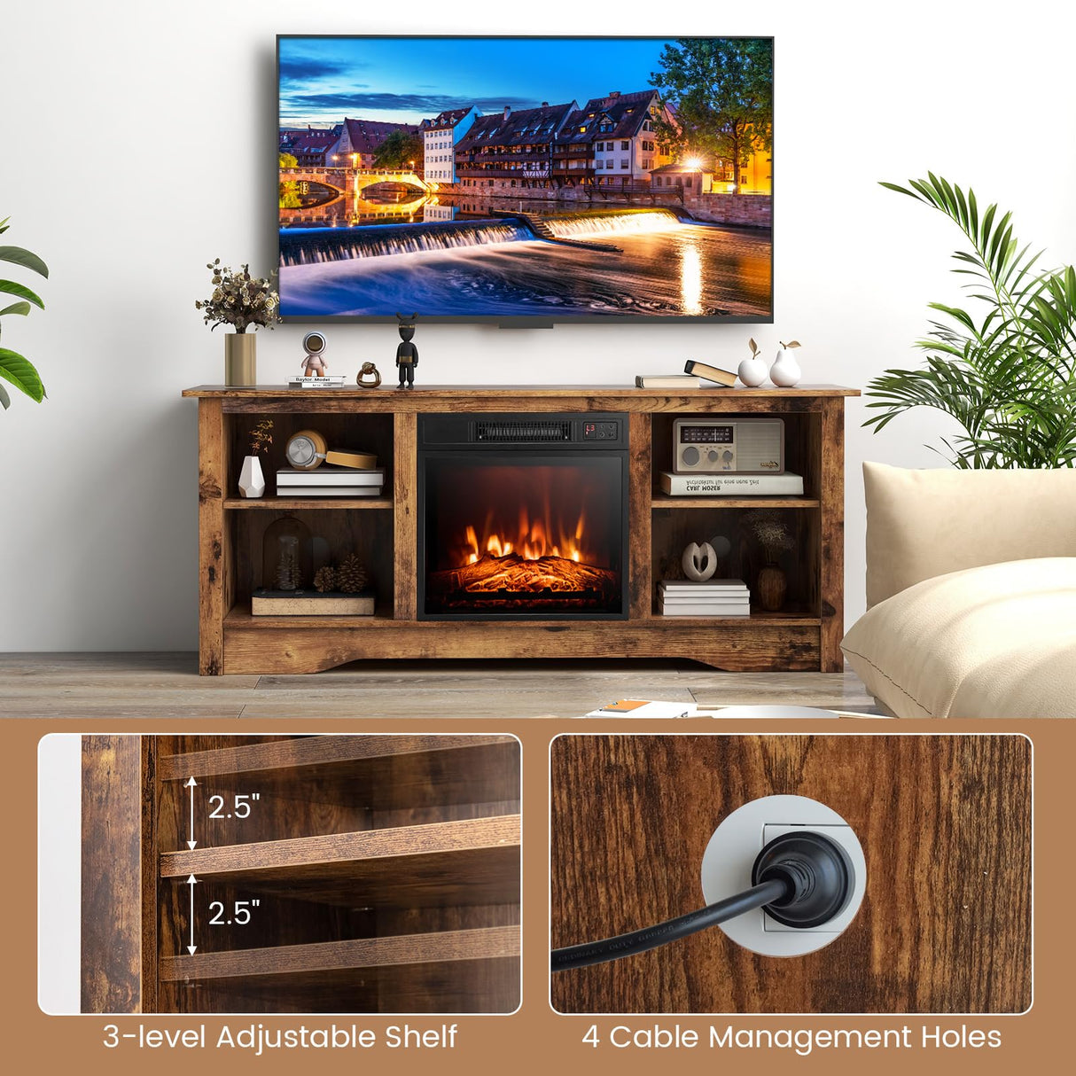Tangkula TV Stand with 18” Electric Fireplace, for Flat Screen TVs Up to 65” with Adjustable Shelves, Fireplace TV Cabinet with Remote Control, Thermostat & Adjustable Flame Brightness (Rustic Brown) Tangkula