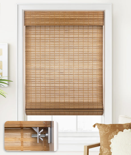 LazBlinds No Tools No Drill Cordless Bamboo Roman Shades, Light Filtering Window Treatment, Roll Up Bamboo Blinds for Window 33'' W x 64'' H, Squirrel LazBlinds