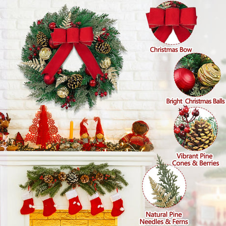 Christmas Wreath with Lights - 16" Christmas Wreaths for Front Door with Red Bow, Christmas Door Wreath with Balls Berries & Pine Cones for Home Wall Indoor Outdoor Xmas Decor Yastouay