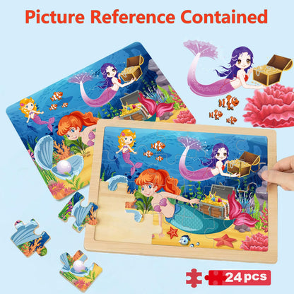 Wooden Puzzles for Kids Ages 4-6, 4 Packs 24 PCs Unicorn Mermaid Princess Fairy Jigsaw Puzzles, Preschool Educational Brain Teaser Toys for Girls 3 4 5 6 Years Old.