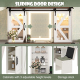 Merax 43.3" Farmhouse Makeup Vanity Desk with Lighted Mirror,Vanity Table Set with Storage Stool with Sliding Barn Door Hidden Shelves & 3 Drawers & 4 Cabinets,Beige Merax