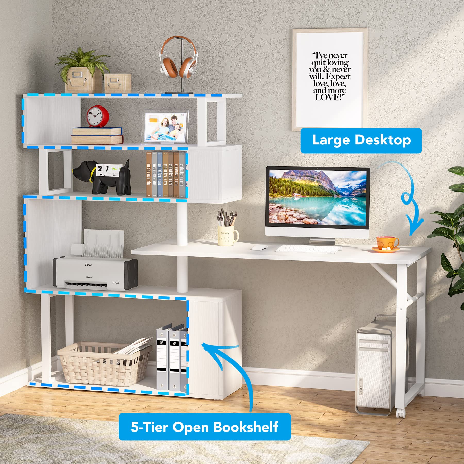 Tribesigns Rotating Computer Desk with 5 Shelves Bookshelf, Modern L-Shaped Corner Desk with Storage, Reversible Office Desk Study Table Writing Desk on Wheels for Home Office (White) - WoodArtSupply