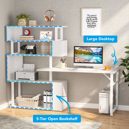 Tribesigns Rotating Computer Desk with 5 Shelves Bookshelf, Modern L-Shaped Corner Desk with Storage, Reversible Office Desk Study Table Writing Desk on Wheels for Home Office (White) - WoodArtSupply