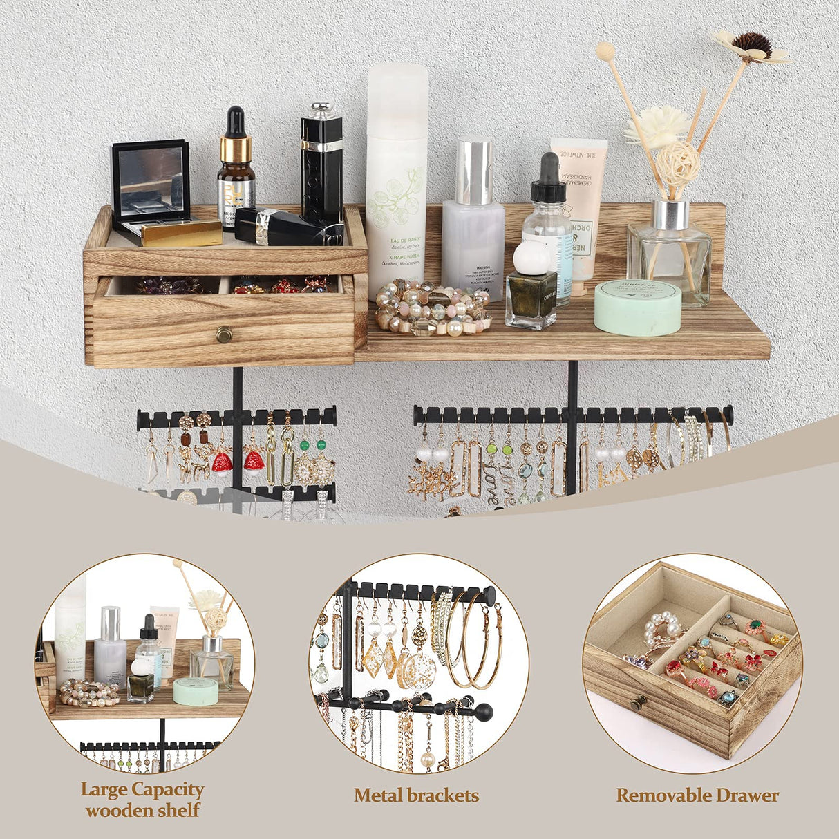 VINAEMO Jewelry Organizer Hanging Wall Mounted Jewelry Holder with Rustic Wood Drawer & Large Capacity Storage Shelf Rack Display for Earrings Rings Necklaces Bracelet VINAEMO
