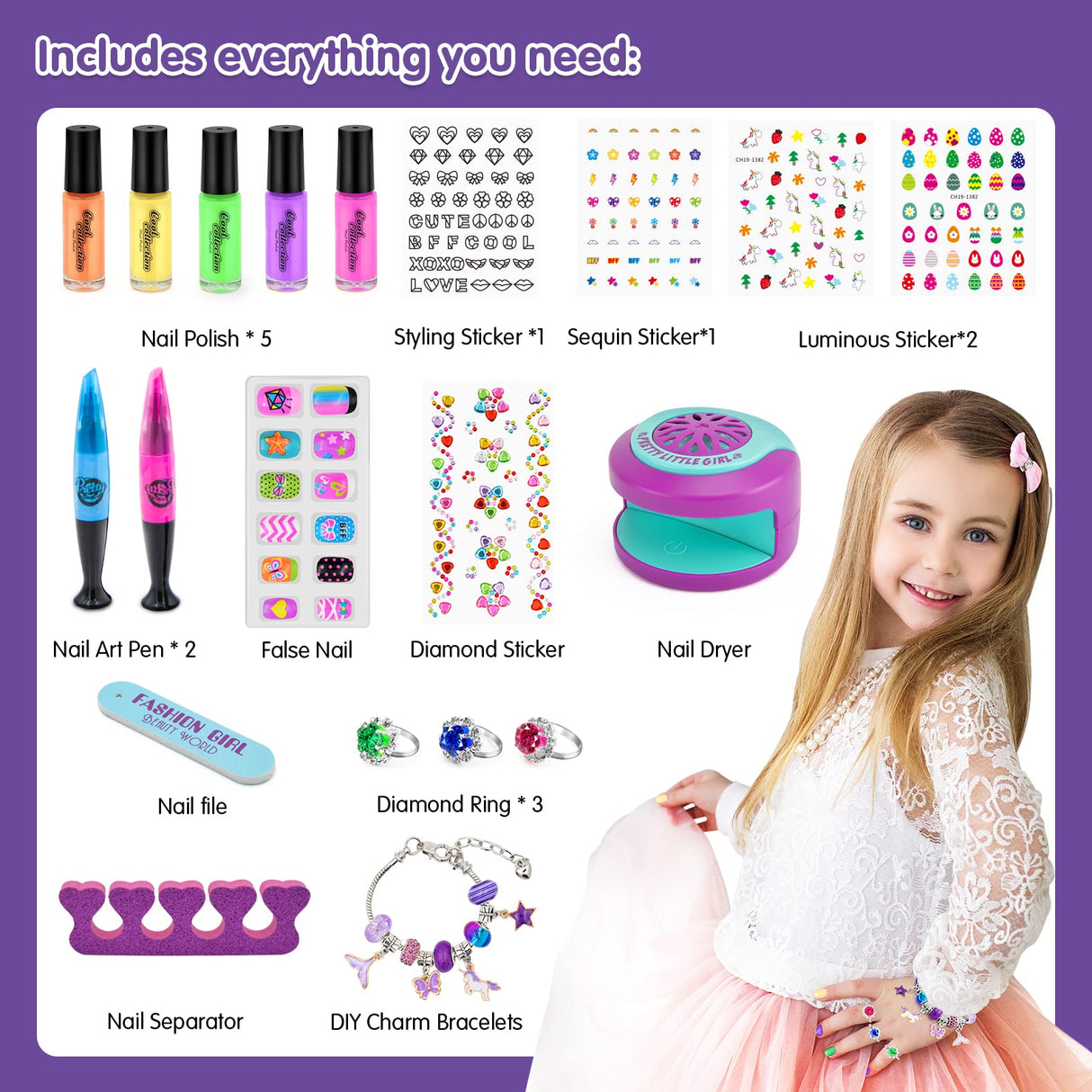 BATTOP Kids Nail Polish Set for Girls - Kids Nail Art Kit with Dryer & Fake Nail & Sticker & Water Based Nail Polish & Nail Art Pen - Idea Gifts for Girls Ages 6 7 8 9 10 11 12 BATTOP
