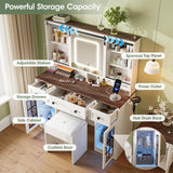 Maupvit Farmhouse Makeup Vanity Desk with Sliding Mirror, 45.5'' Vanity Set with 3 Drawers & 2 RGB LED Cabinets & Charging Station, Ample Storage, Stool Included, Antique White Maupvit
