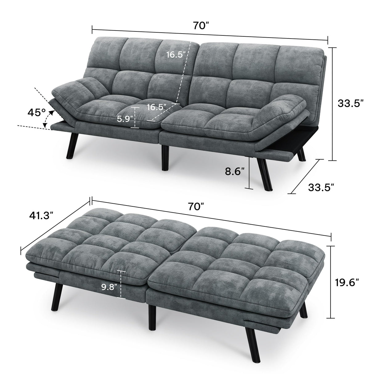 YITAHOME 70″ Convertible Futon Sofa Bed, Cat-Scratch-Proof Fabric Futon Couch with Adjustable Backrest and Armrest, Modern Loveseat Sleeper for Living Room Home Office, Dark Grey YITAHOME