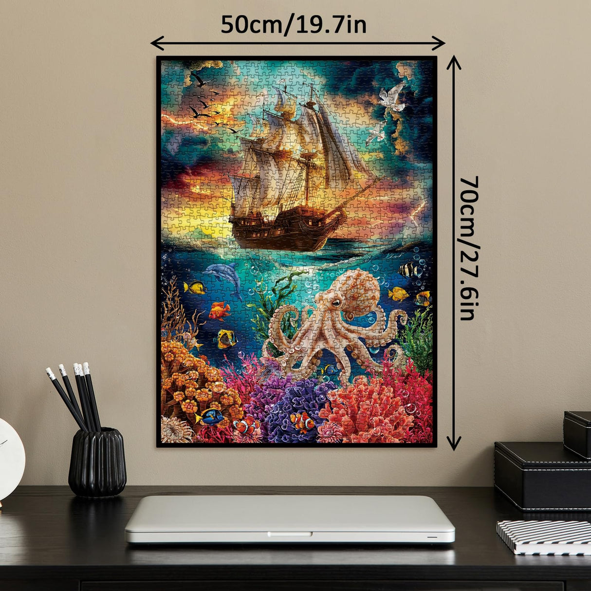Ocean Sailboat Octopus Puzzles for Adults 1000 Pieces, Colorful Beach Dolphin Sea Jigsaw Puzzles, Beautiful Art Bird Scenic Puzzle IdeaBazar