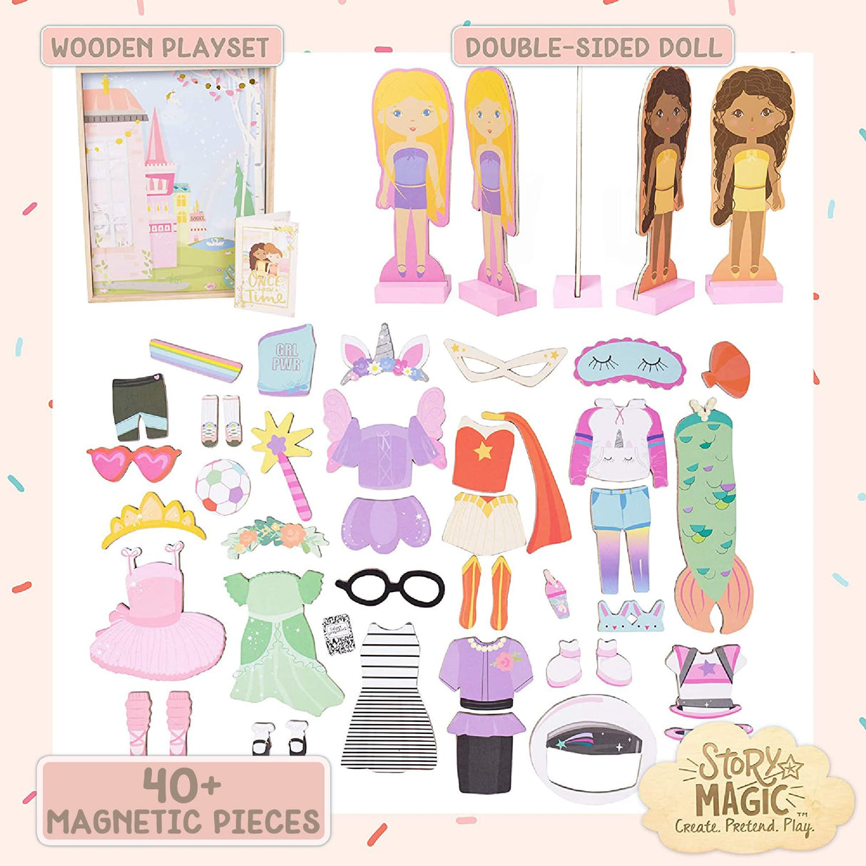 Story Magic Wooden Dress-Up Doll by Horizon Group USA, Dress Up Magnetic Wood Double Sided Doll, Over 40 Outfit and Accessory Pieces, Creative Pretend Play, Perfect for Ages 4+ Horizon Group USA