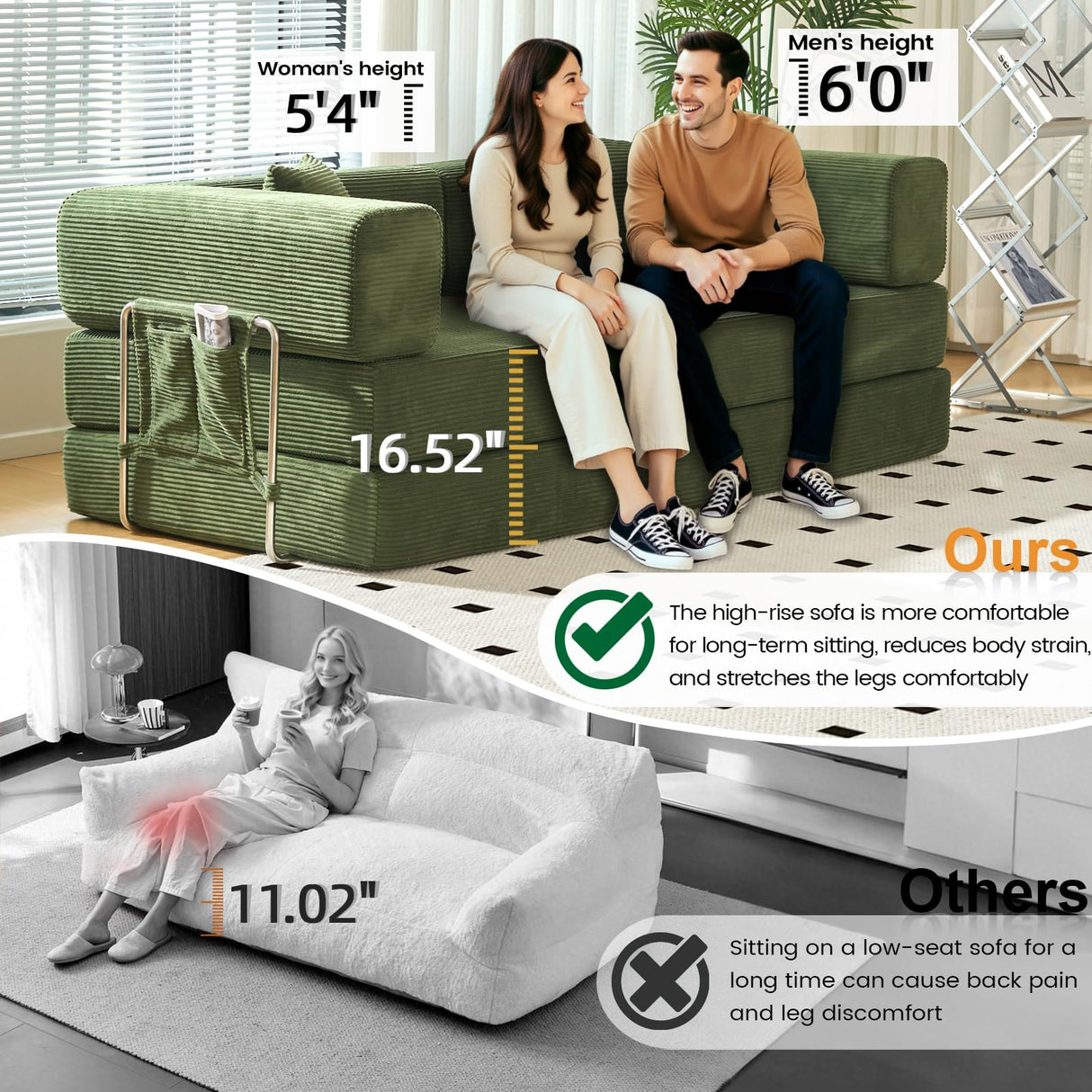 GEARIVY Folding Sofa Bed Convertable Corduroy Couch King Size Floor Sleeper 4-in-1 DIY Combination Modular Sofa Fold Out Futon Lounge Comfy Foldable Lazy cama for Living Room (Green, 70.86") GEARIVY