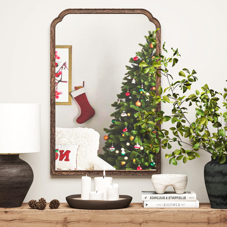 Acovy 24"x36" Solid Wood Bathroom Mirror Rounded Corner Tempered Glass for Wall Mounted, Rustic Wood Frame Wall Mirror Decorative for Living Room Bedroom Vanity Mirror Entryway Mirror, Rustic Brown Acovy