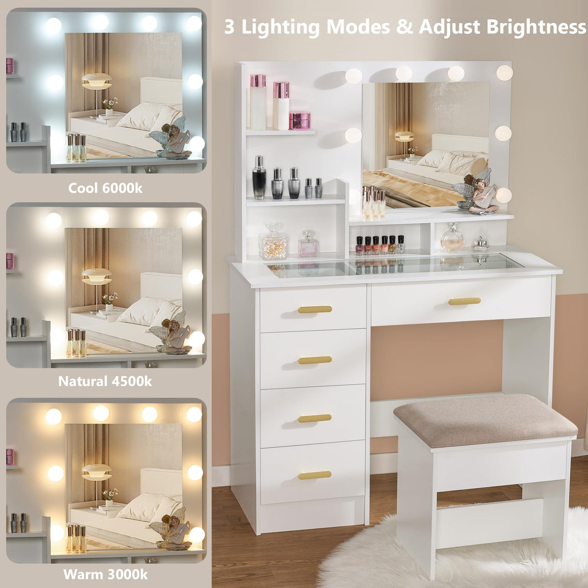 ANWBROAD Makeup Vanity Desk with Mirror and Lights Power Outlet 35.5" Vanity with Glass Top Dresser 3 Lighting Modes Brightness Adjustable White Vanity Desk with Drawers Shelves Bedroom Stool UBDT64W ANWBROAD