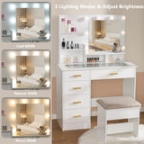 ANWBROAD Makeup Vanity Desk with Mirror and Lights Power Outlet 35.5" Vanity with Glass Top Dresser 3 Lighting Modes Brightness Adjustable White Vanity Desk with Drawers Shelves Bedroom Stool UBDT64W ANWBROAD