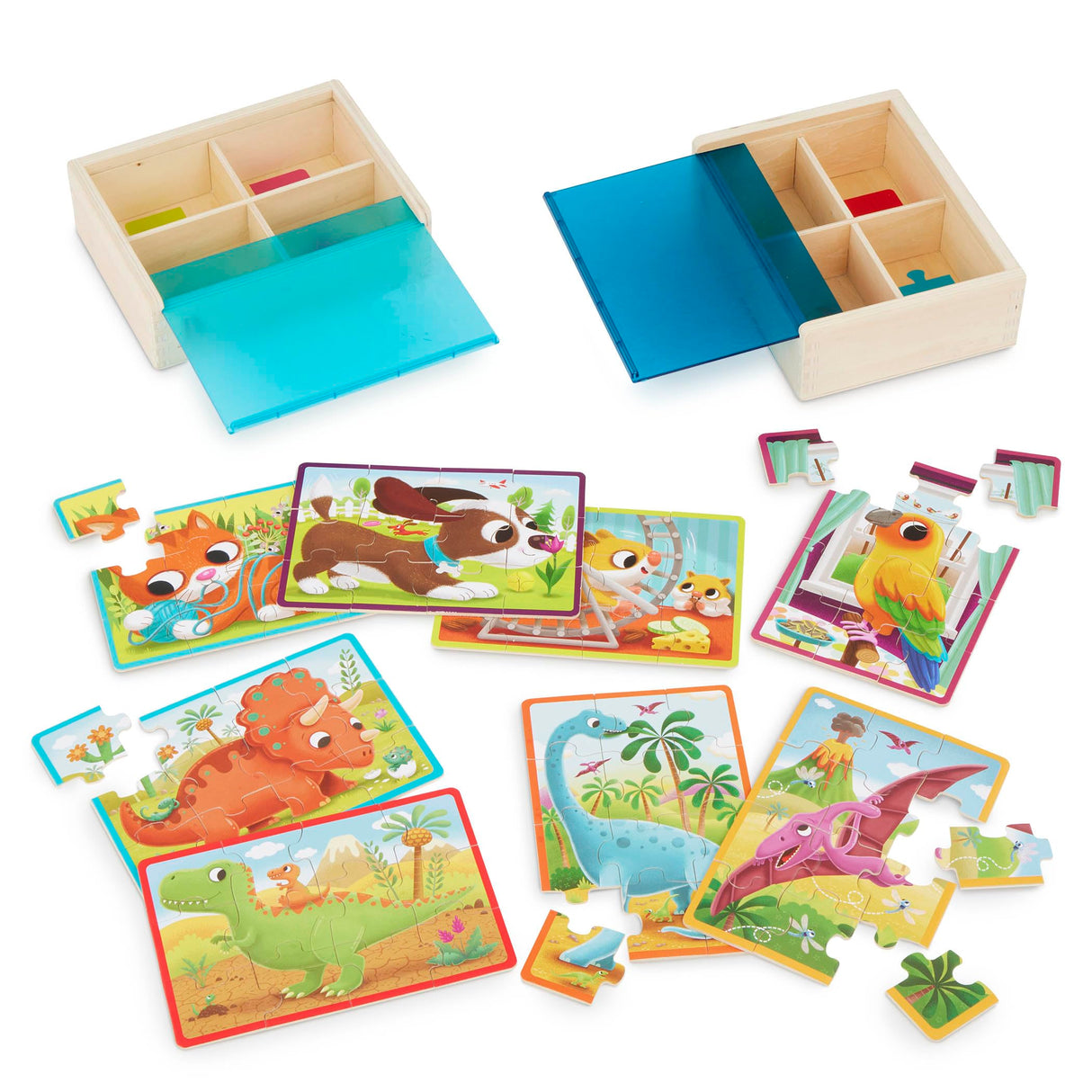 B. toys- Pack o' Puzzles 2-Pack - Pets & Dinos- Wooden Puzzle Box Set – 2 Puzzle Boxes, 8 Puzzles- 12-Piece Jigsaw Puzzles for Kids – 3 Years + B. toys