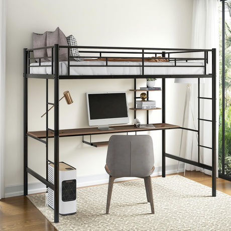 LINKHOO Twin Size Metal Loft Bed with Desk and Storage Shelf, Heavy Duty Bed Frame w/Safety Guardrails & Ladders for Kids Teens Adults, Space-Saving, No Noise, No Box Spring Needed, Black LINKHOO