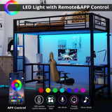 ANCTOR Loft Bed Twin Size with Desk and 4 Storage Shelves, Metal Loft Bed Frame with Power Outlet and LED Lighted, Safety Guard & Ladder, Space-Saving, Noise Free, Black ANCTOR