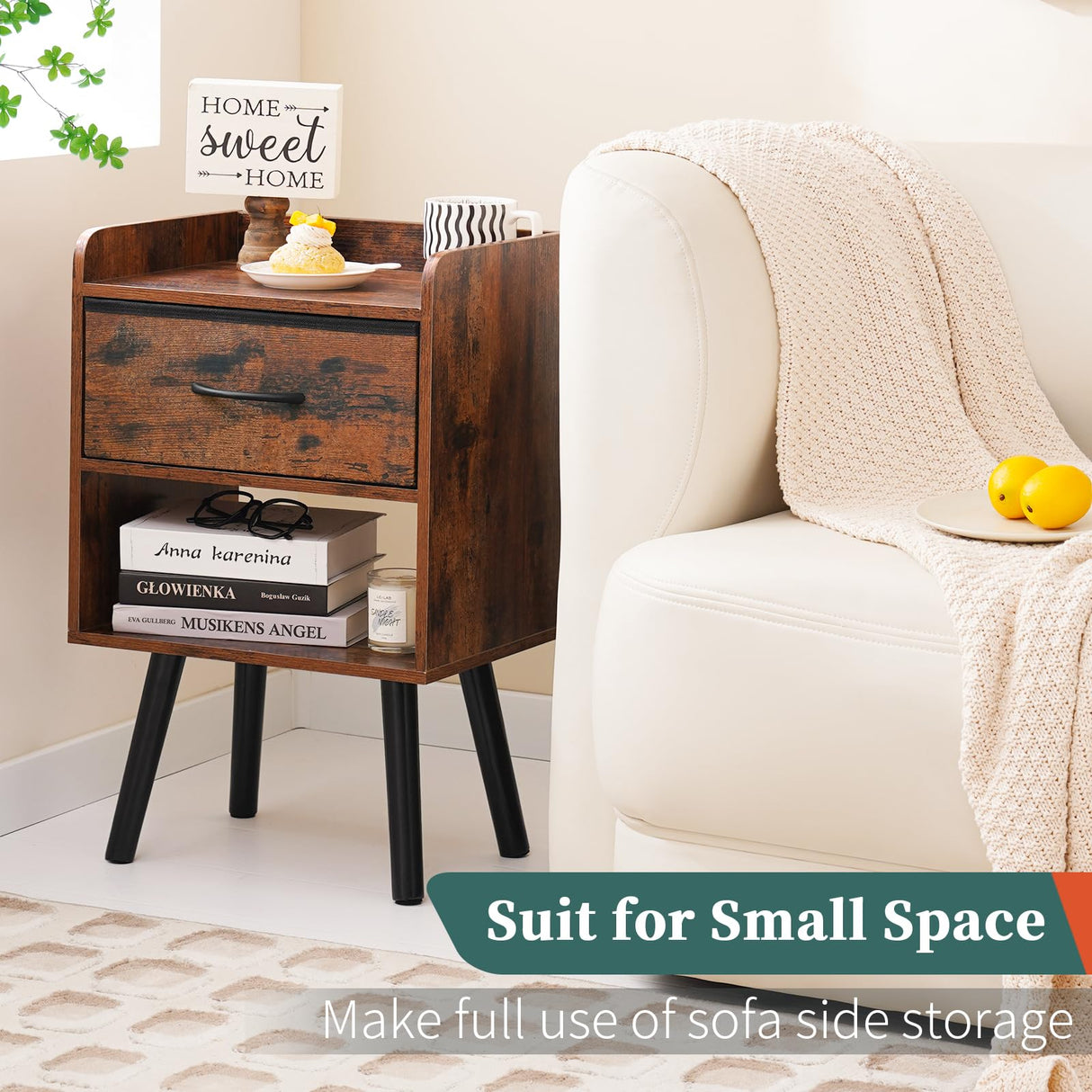 Yoobure Night Stand with Fabric Drawer, Modern Nightstand, Bedside Tables, Mid Century Nightstands with Open Storage Shelf, Wood Bedside Table, Small Night Stands for Bedrooms, 2-Tier Night Table Yoobure