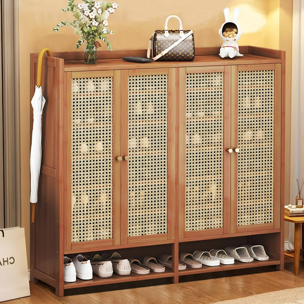 BVOUVOI Bamboo Shoe Storage Cabinet, 8 Tier Freestanding Shoes Heels Sneakers Shoe Rack Shelf for 36-40 Pairs, Entryway Shoe Cabinet with Doors for Hallway Living Room (Brown) BVOUVOI