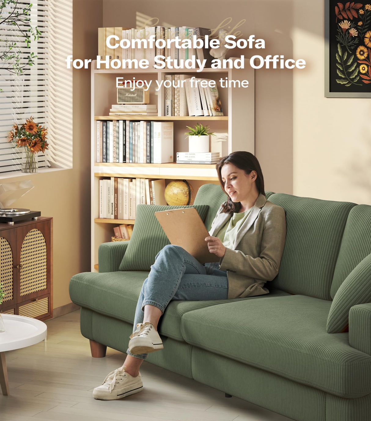 Kidirect 87in Green Sofa, Couches for Living Room 21in Extra Deep Seats, Comfy Corduroy Sofas for Living Room No Tool Assembly, Modern Oversized Love Seat with 2 Pillows, Sofa Couch for Bedroom Kidirect