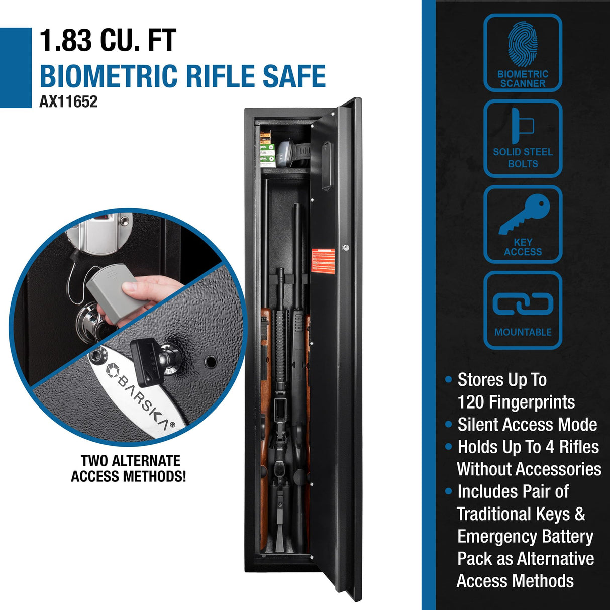 Barska Quick and Easy Access Biometric Rifles, Firearms and Long Guns Safe for Home, Removable Shelf, Optional Silent Mode, 1.83 Cubic Ft BARSKA