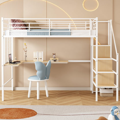 Twin Loft Bed with Desk and Storage Shelf, Metal Kids Loft Bed with Stairs, Wardrobe and Metal Grid, Twin Size Loft Bed for Kids, Girls, Boys, No Box Spring Needed, White Loft Bed Twin Size