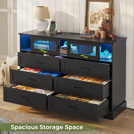 Hasuit 6 Drawer Dresser with LED Lights and Charging Station, Farmhouse Chest of Drawers Closet Organizer, Clothes Storage Cabinet Double Dressers for Bedroom, Living Room, Hallway, Black Hasuit