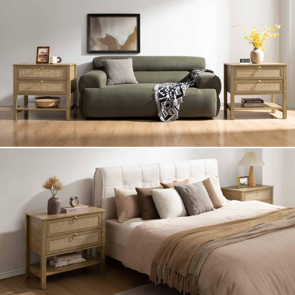 SICOTAS Night Stand Set of 2, Rattan Nightstand with Drawers and Storage Shelf - Boho Bedside Table Narrow Side Table for Bedroom, Small Space SICOTAS