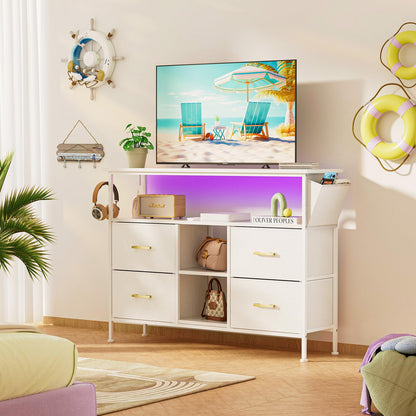 YIPPPPE Dresser TV Stand with Power Outlet for 50'' TV, White TV Stand with LED, Storage Cabinet TV Stand, Entertainment Center with 4 Deep Drawers, Wide Chest of Drawer for Storage in Bedroom