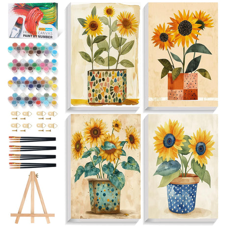 4 Pack Framed Paint by Numbers Kit for Adults with Wooden Easel, Sunflower Easy Paint by Number Kits with Frame, DIY Acrylic Adult Paint by Number Kits on Canvas Framed for Home Decor Gift 8x12 Inch PRASIO