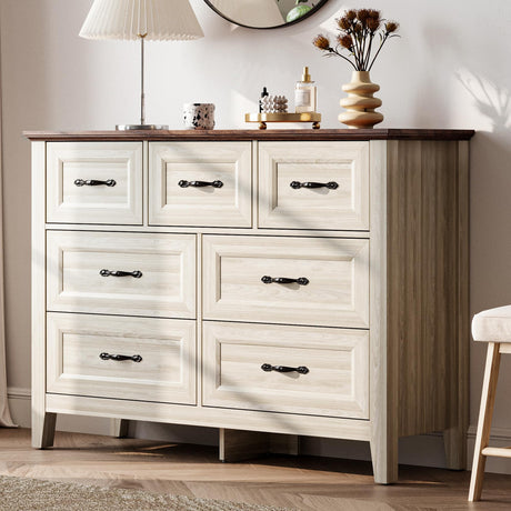 LINSY HOME 7 Drawers Dresser for Bedroom, Wood Bedroom Dresser Farmhouse Drawer Chest, 7 Chest of Drawer, Tall Dresser for Closet, Dressers Organizer for Living Room, Closet, Hallway LINSY HOME