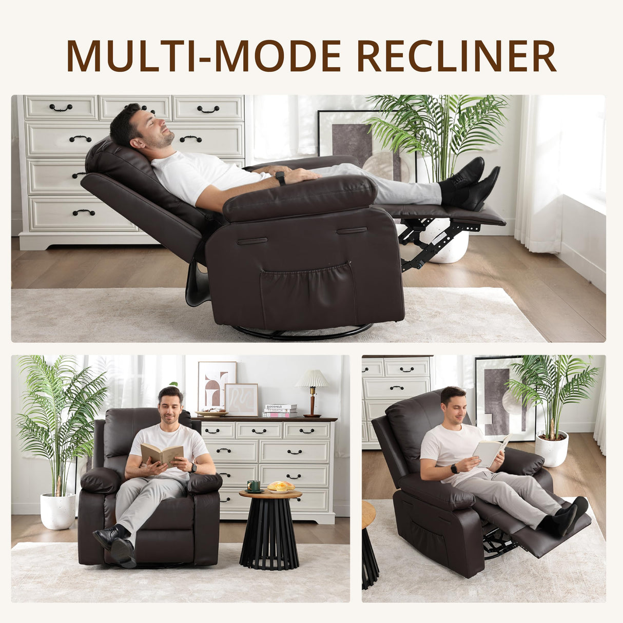 zzlay 360° Swivel Rocking Leather Recliner Chair for Adults, Overstuffed Manual Recliner with Spring Cushion, Glider Rocking Nursery Single Sofa with Side Pockets for Living Room, Coffee Brown zzlay