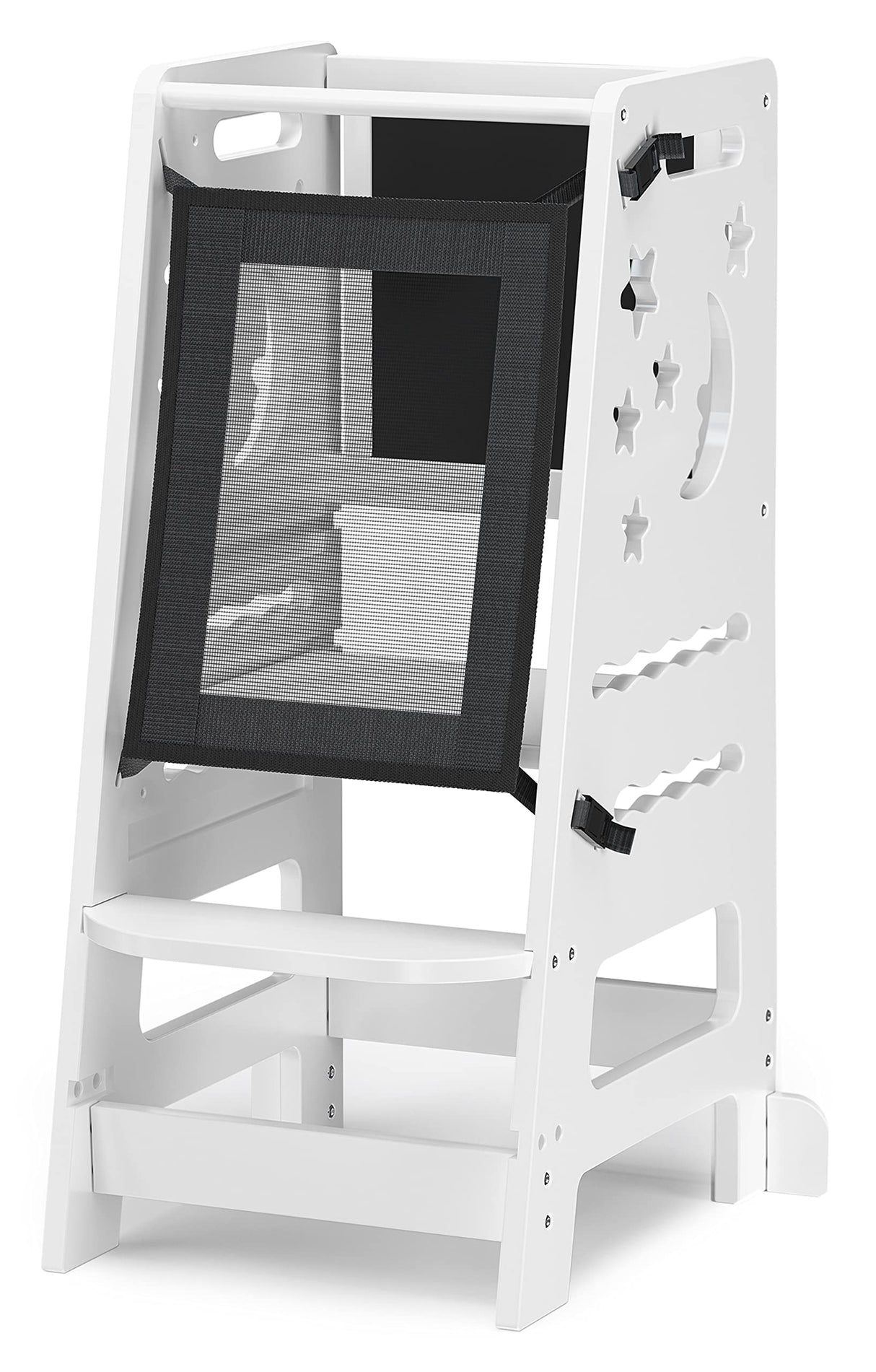 TOETOL Bamboo Toddler Kitchen Stool for Kids Step Stool - White Little Helper Tower Adjustable Height with Learning Black & White Activity Board1 TOETOL