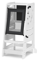 TOETOL Bamboo Toddler Kitchen Stool for Kids Step Stool - White Little Helper Tower Adjustable Height with Learning Black & White Activity Board1 TOETOL