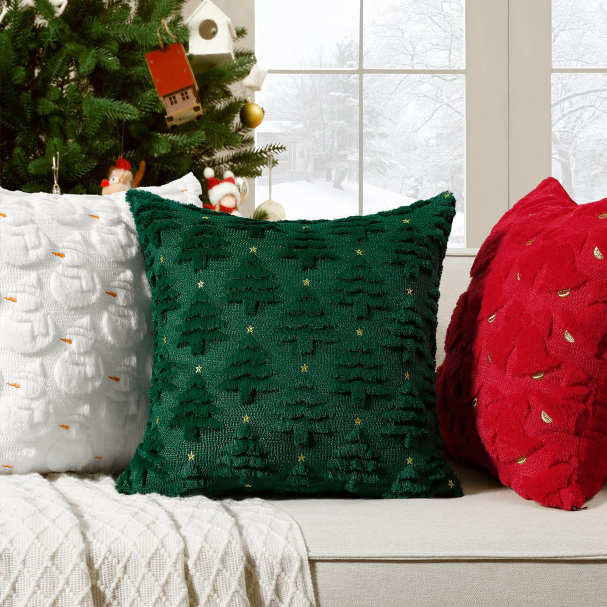 Softalker Christmas Throw Pillow Covers 18 x 18 Inch Set of 2, Xmas Winter Christmas Tree Faux Fur Cushion Covers, 3D Embroidered Pillow Cases for Couch Bedroom Living Room Decor, Green Softalker
