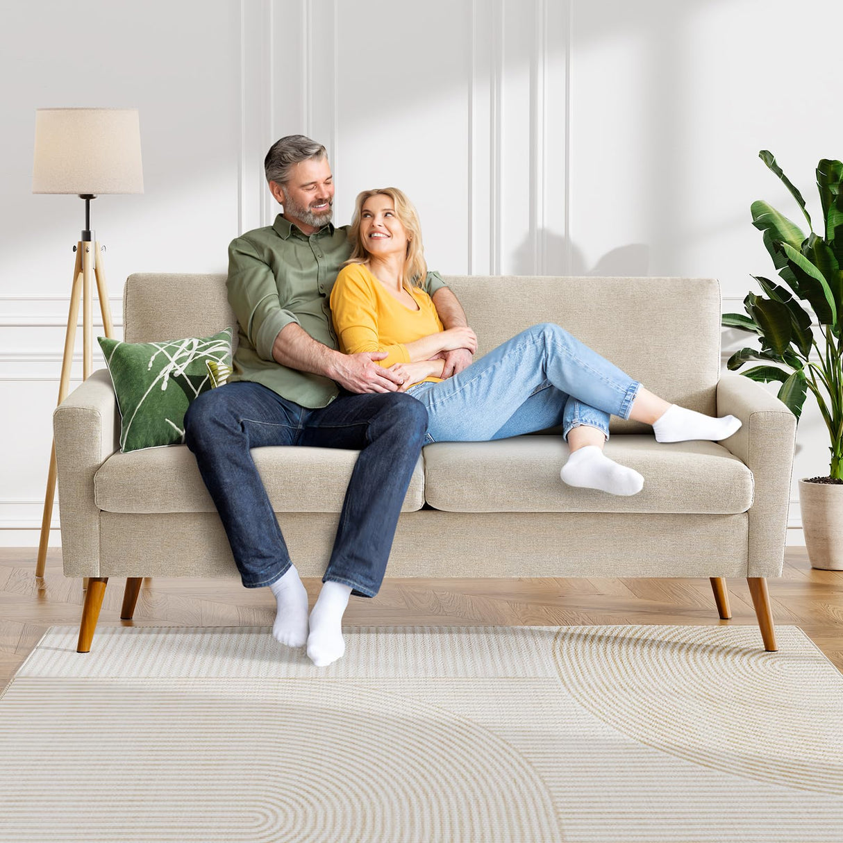 WEUP 68" Loveseat Sofa Oatmeal Linen Couch, Mid Century Modern Love Seat Couches for Living Room, Small Loveseat for Bedroom Office, Comfy Sofa with Spring Cushion, Solid Wood, Tool-Free Assembly WEUP