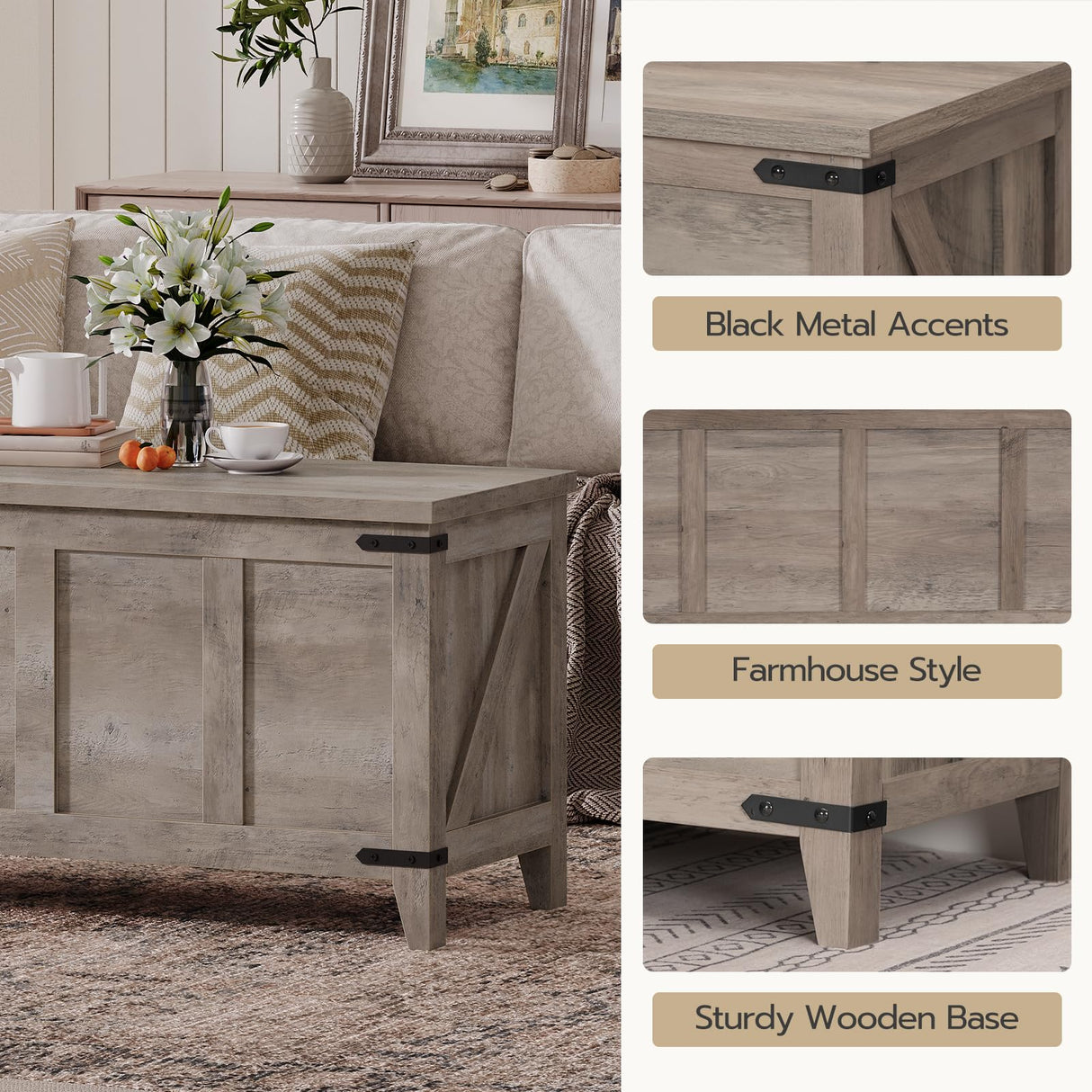 HOOBRO Farmhouse Storage Chest, 47.2" Storage Bench with Geometric Style Front, Toy Chest with Metal Accents and Lift Top, Toy Box Organizer, Sturdy Base, for Living Room, Greige BG124CW01 HOOBRO