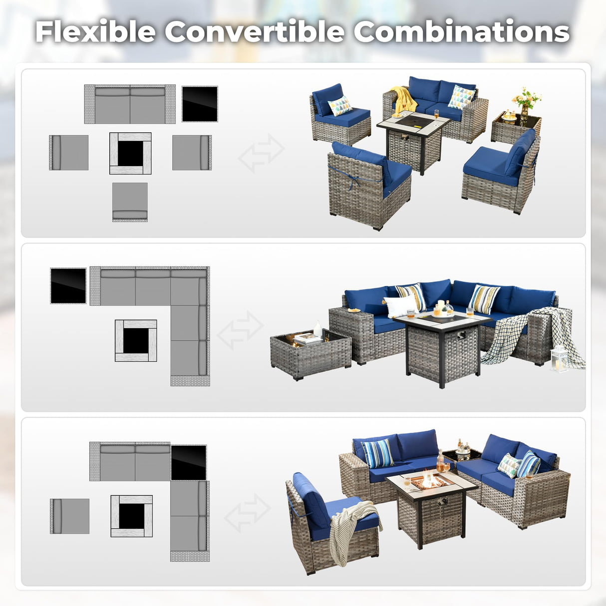 ovios 7 Pieces Patio Furniture Set, Outdoor Wicker Sectional Sofa with 30 Inch Fire Pit Table Comfy Cushions, Modern Modular Deep Seat Rattan Couch Conversation Set, Navy Blue ovios