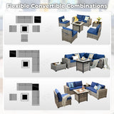 ovios 7 Pieces Patio Furniture Set, Outdoor Wicker Sectional Sofa with 30 Inch Fire Pit Table Comfy Cushions, Modern Modular Deep Seat Rattan Couch Conversation Set, Navy Blue ovios