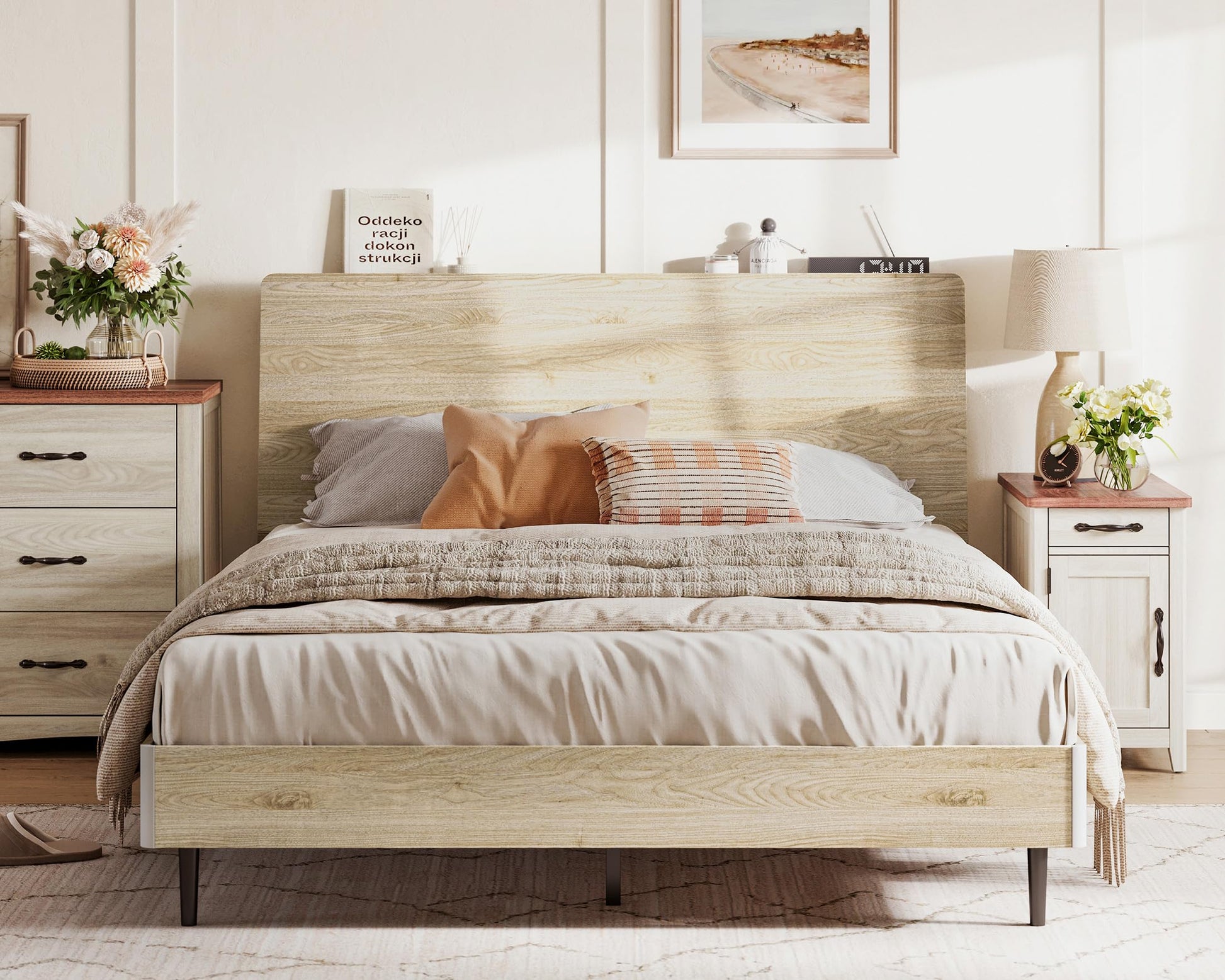 LINSY Beige Full Size Wood Platform Bed Frame with Ergonomic Headboard and Storage Shelf - WoodArtSupply