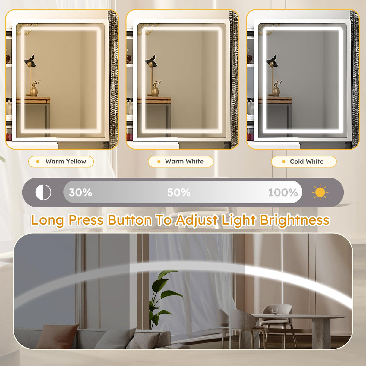 Makeup Vanity Desk with Mirror and Lights, White Vanity Table Set with 4 Drawers & Sliding Mirror & Storage Shelves, 3 Lighting Modes Brightness Adjustable, Vanity Dressing Table and Stool Montary