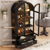 LVSOMT 71" Tall Arched Storage Cabinet with Glass Doors and Drawers, Curio Display Cabinet with Adjustable LED Light & Human Sensor, 4-Tier China Cabinet for Living Room(Black) LVSOMT